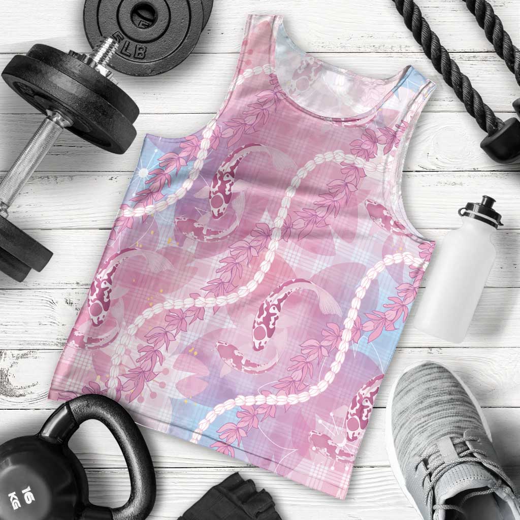 Japanese Koi Fish Men Tank Top Pink Wagara Palaka Honohono Pikake Lei LT9 - Polynesian Pride
