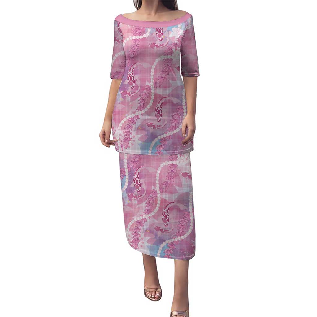 Japanese Koi Fish Puletasi Pink Wagara Palaka Honohono Pikake Lei LT9 Long Dress Pink - Polynesian Pride