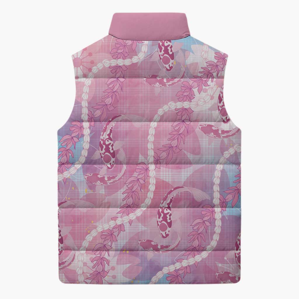 Japanese Koi Fish Sleeveless Puffer Jacket Pink Wagara Palaka Honohono Pikake Lei