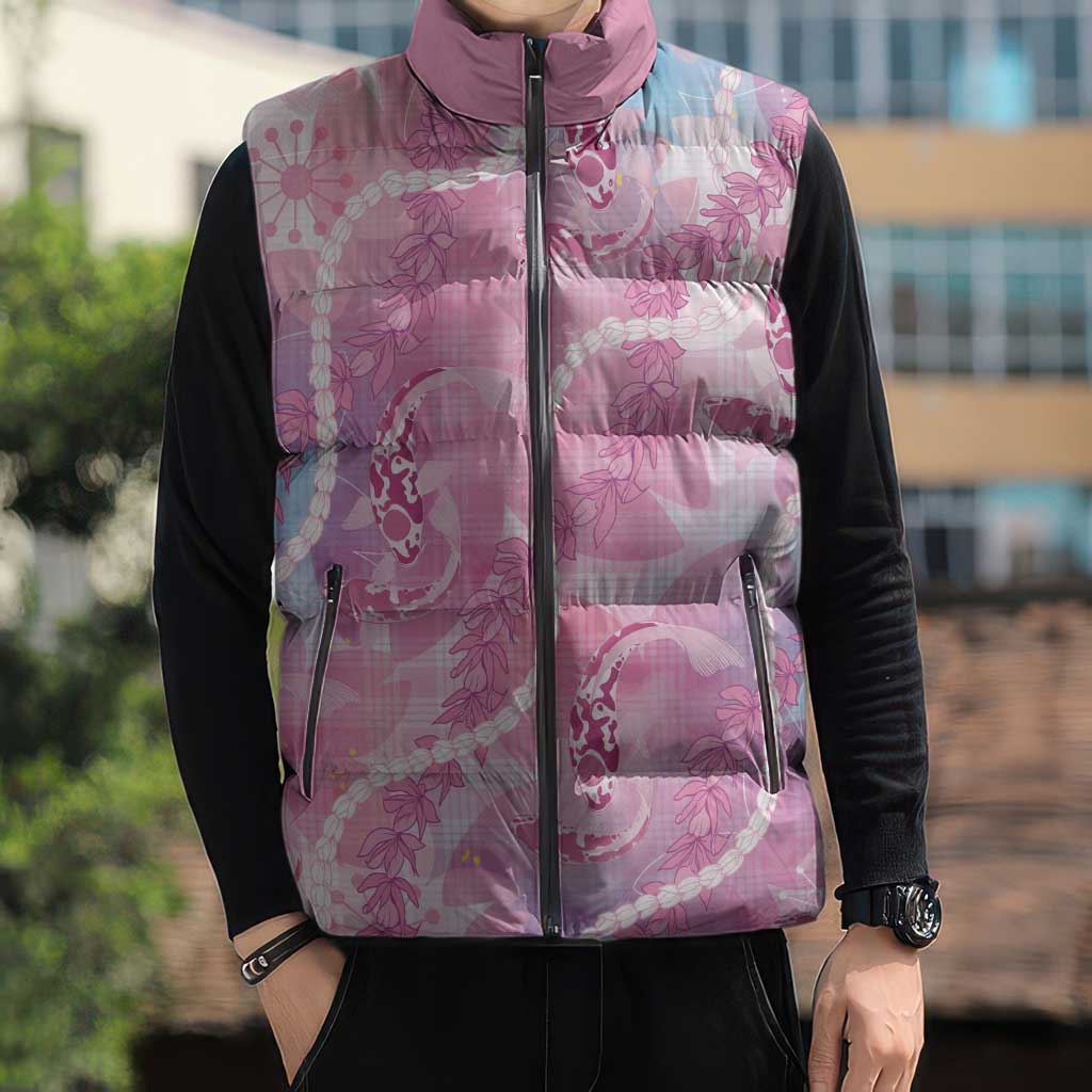 Japanese Koi Fish Sleeveless Puffer Jacket Pink Wagara Palaka Honohono Pikake Lei