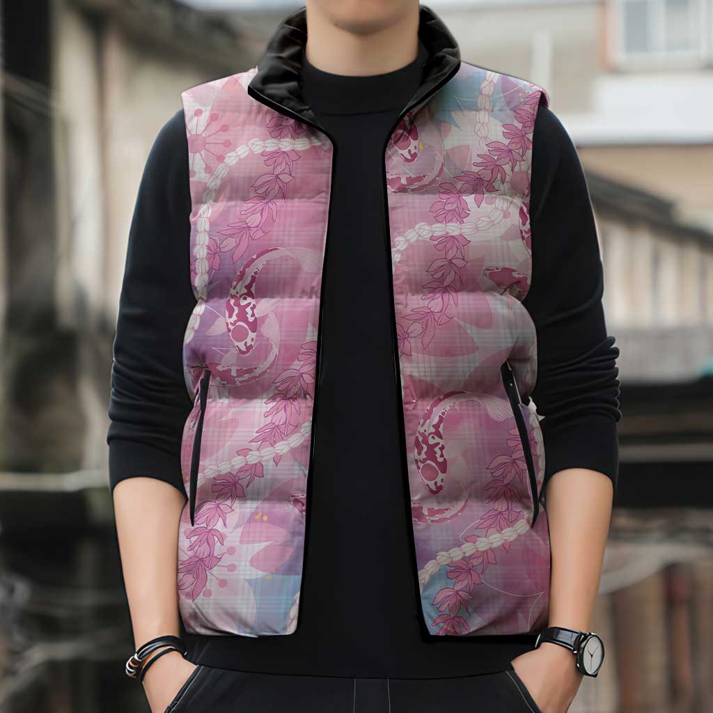 Japanese Koi Fish Sleeveless Puffer Jacket Pink Wagara Palaka Honohono Pikake Lei