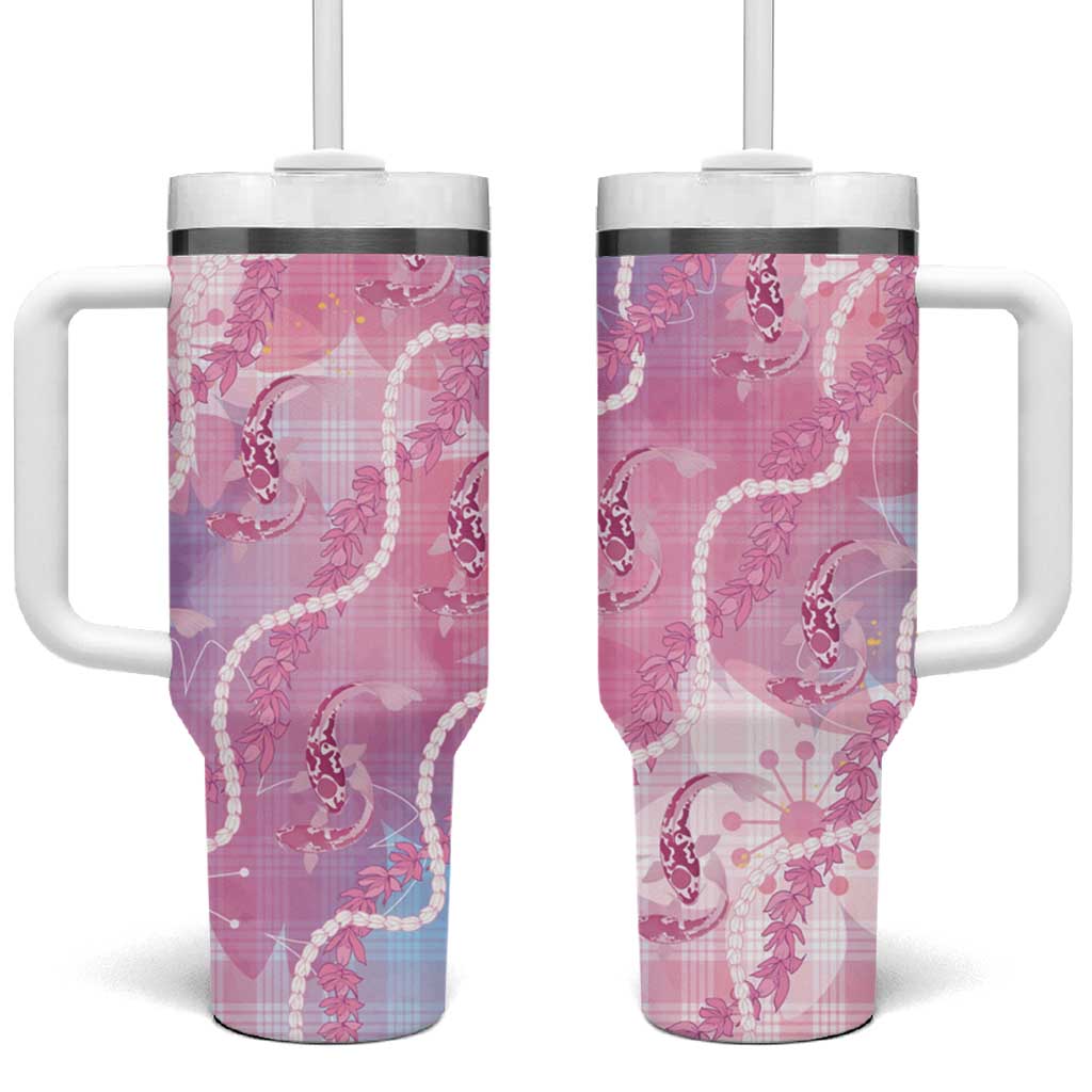 Japanese Koi Fish Tumbler With Handle Pink Wagara Palaka Honohono Pikake Lei LT9 One Size: 40 oz Pink - Polynesian Pride