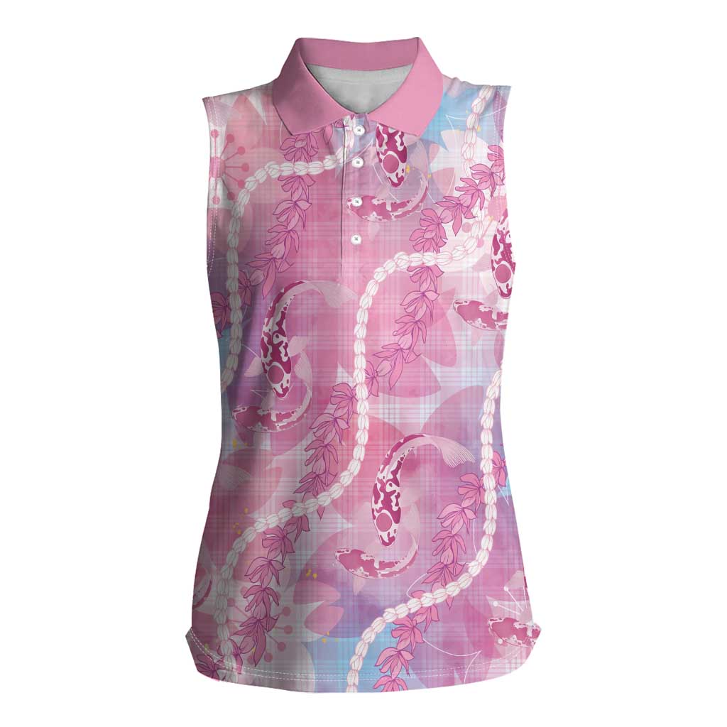 Japanese Koi Fish Women Sleeveless Polo Shirt Pink Wagara Palaka Honohono Pikake Lei