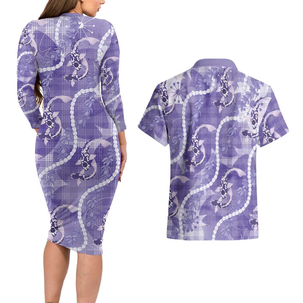 Japanese Koi Fish Couples Matching Long Sleeve Bodycon Dress and Hawaiian Shirt Purple Wagara Palaka Honohono Pikake Lei