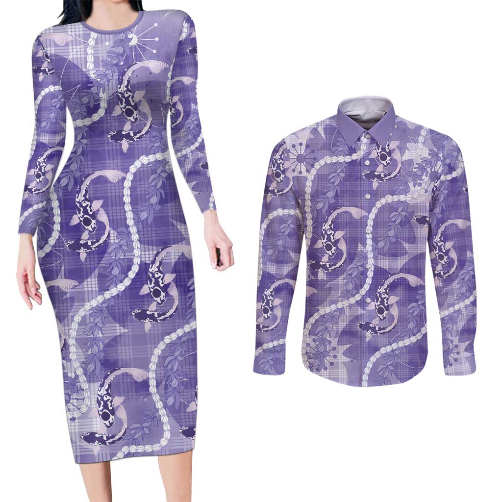 Japanese Koi Fish Couples Matching Long Sleeve Bodycon Dress and Long Sleeve Button Shirt Purple Wagara Palaka Honohono Pikake Lei