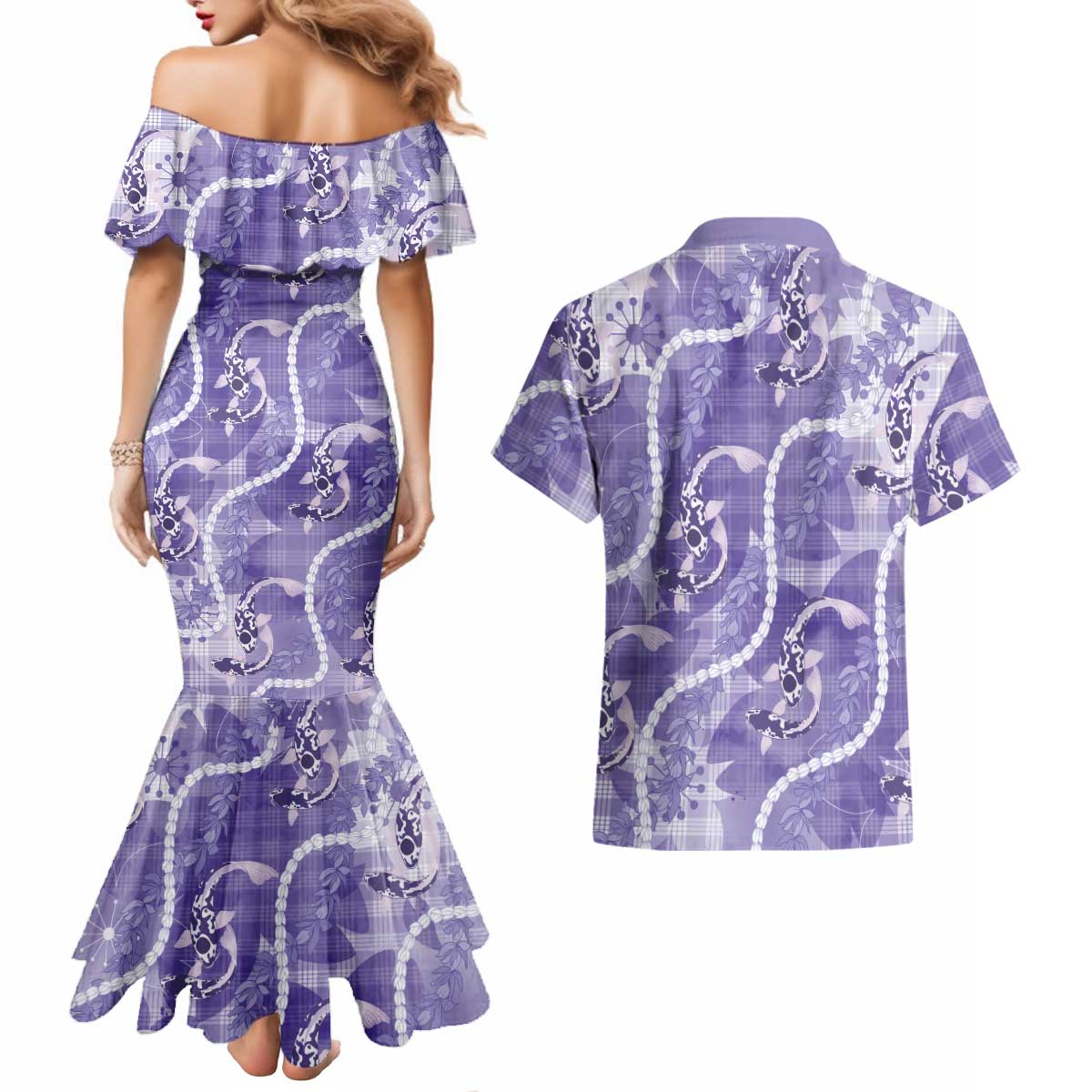 Japanese Koi Fish Couples Matching Mermaid Dress and Hawaiian Shirt Purple Wagara Palaka Honohono Pikake Lei