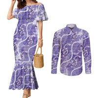 Japanese Koi Fish Couples Matching Mermaid Dress and Long Sleeve Button Shirt Purple Wagara Palaka Honohono Pikake Lei