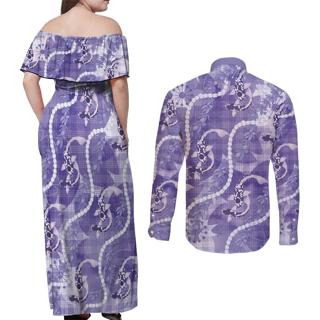 Japanese Koi Fish Couples Matching Off Shoulder Maxi Dress and Long Sleeve Button Shirt Purple Wagara Palaka Honohono Pikake Lei