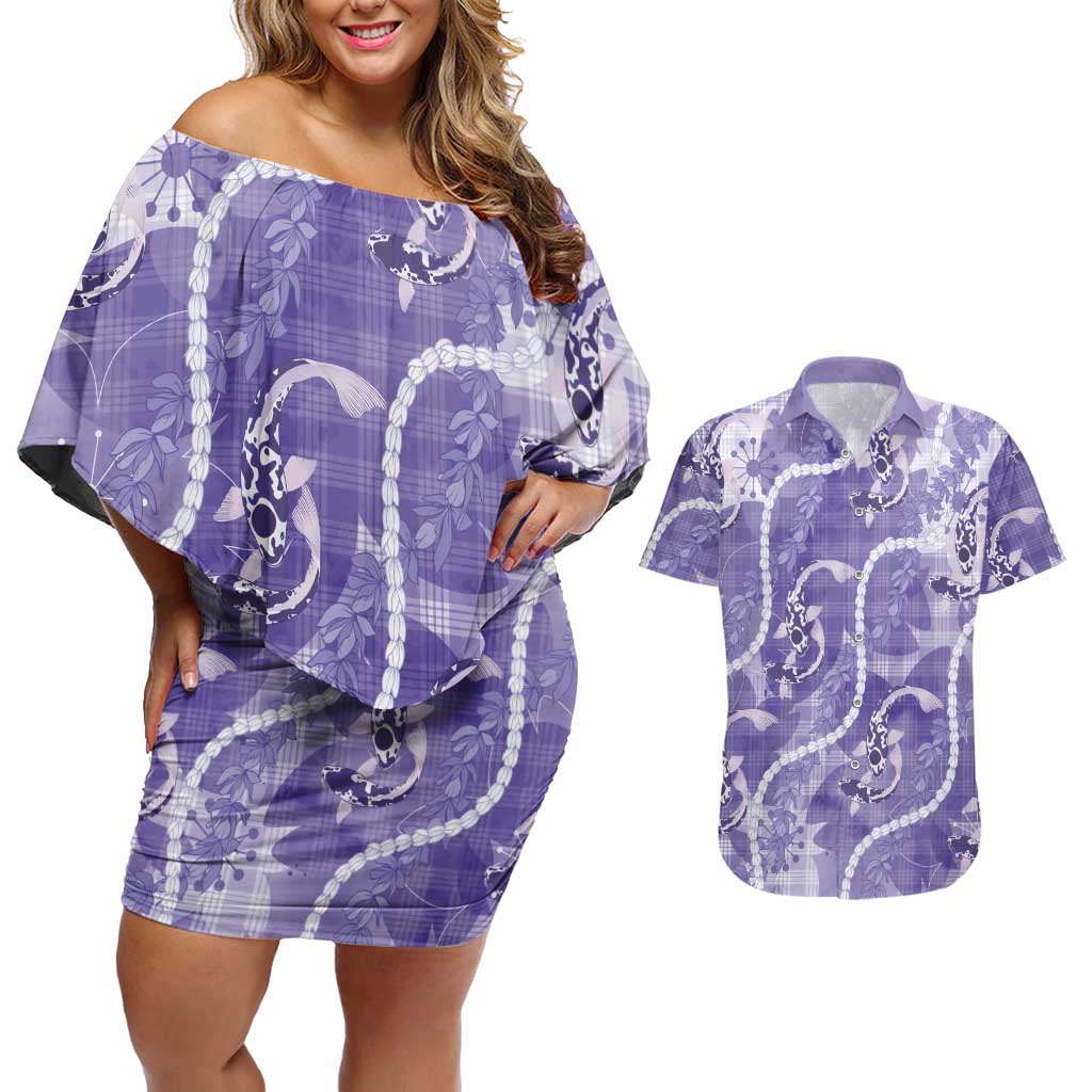 Japanese Koi Fish Couples Matching Off Shoulder Short Dress and Hawaiian Shirt Purple Wagara Palaka Honohono Pikake Lei LT9 Purple - Polynesian Pride