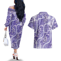 Japanese Koi Fish Couples Matching Off The Shoulder Long Sleeve Dress and Hawaiian Shirt Purple Wagara Palaka Honohono Pikake Lei