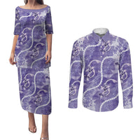 Japanese Koi Fish Couples Matching Puletasi and Long Sleeve Button Shirt Purple Wagara Palaka Honohono Pikake Lei