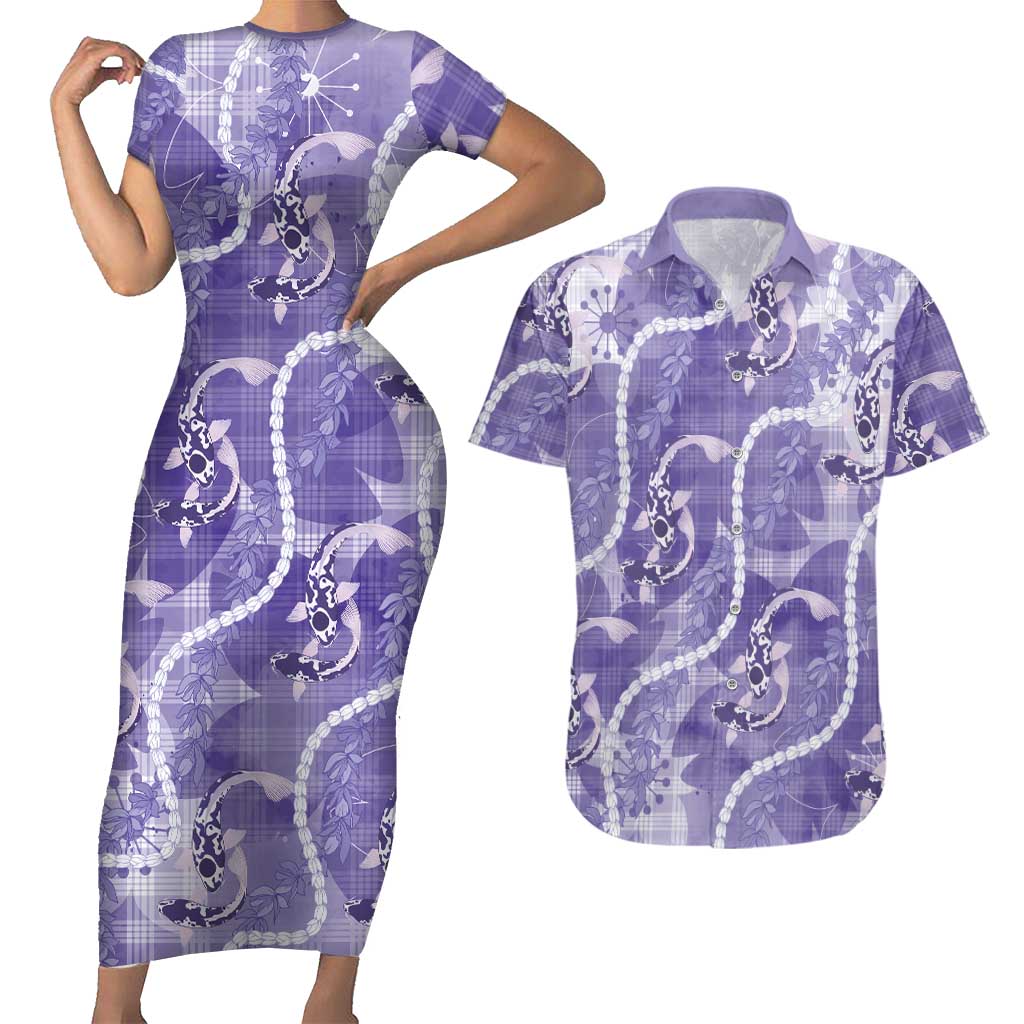 Japanese Koi Fish Couples Matching Short Sleeve Bodycon Dress and Hawaiian Shirt Purple Wagara Palaka Honohono Pikake Lei