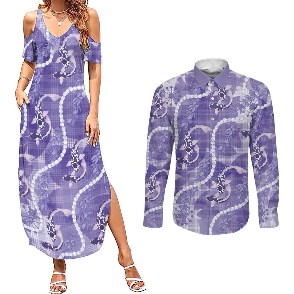 Japanese Koi Fish Couples Matching Summer Maxi Dress and Long Sleeve Button Shirt Purple Wagara Palaka Honohono Pikake Lei