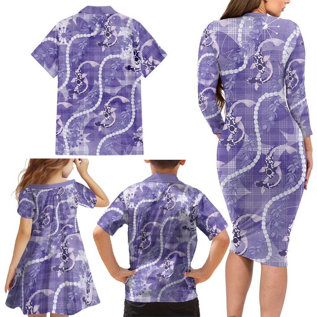 Japanese Koi Fish Family Matching Long Sleeve Bodycon Dress and Hawaiian Shirt Purple Wagara Palaka Honohono Pikake Lei