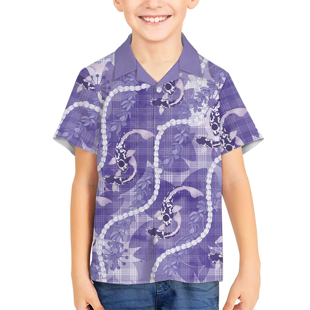 Japanese Koi Fish Family Matching Off The Shoulder Long Sleeve Dress and Hawaiian Shirt Purple Wagara Palaka Honohono Pikake Lei