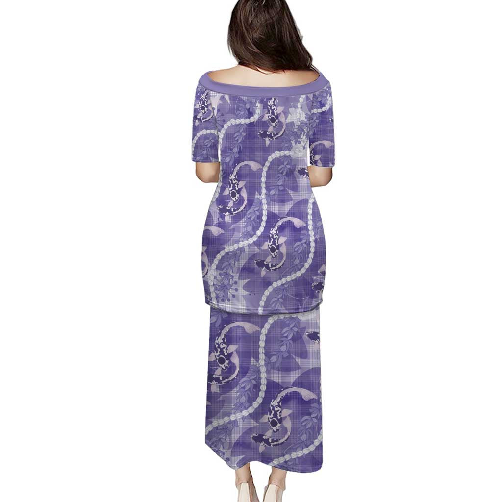Japanese Koi Fish Family Matching Puletasi and Hawaiian Shirt Purple Wagara Palaka Honohono Pikake Lei
