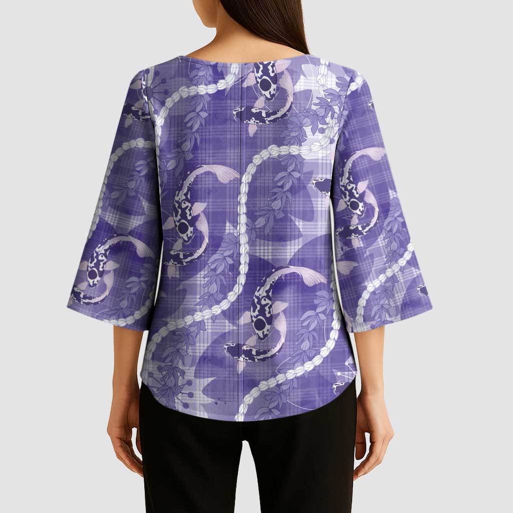 Japanese Koi Fish Kimono Sleeve Blouse Purple Wagara Palaka Honohono Pikake Lei LT9 - Polynesian Pride