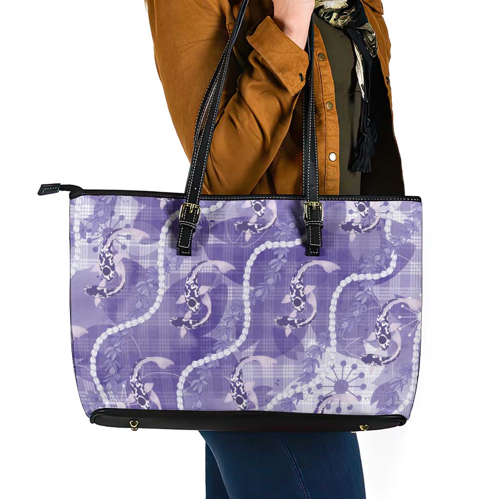 Japanese Koi Fish Leather Tote Bag Purple Wagara Palaka Honohono Pikake Lei LT9 - Polynesian Pride