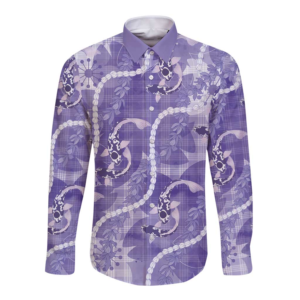 Japanese Koi Fish Long Sleeve Button Shirt Purple Wagara Palaka Honohono Pikake Lei LT9 Unisex Purple - Polynesian Pride