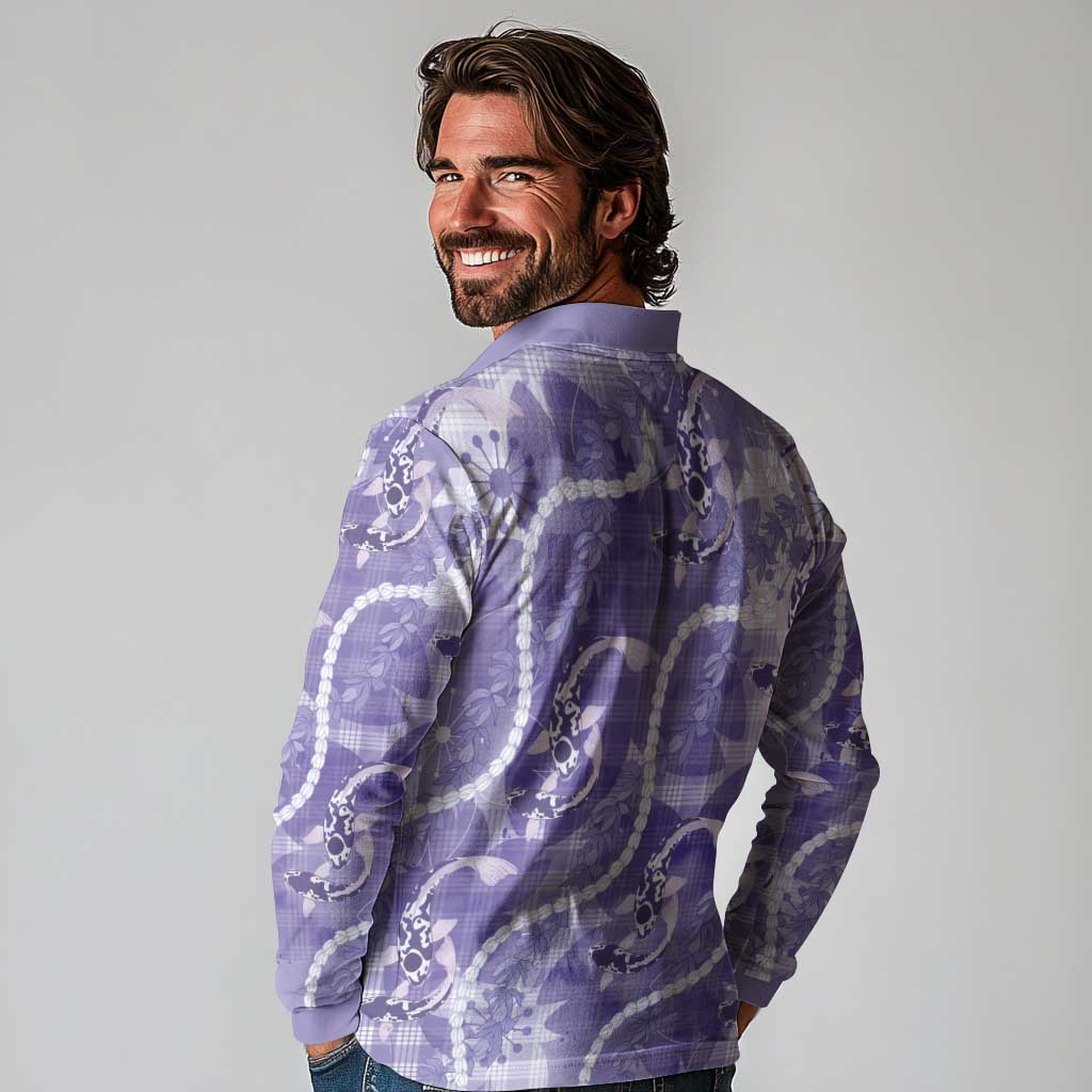 Japanese Koi Fish Long Sleeve Polo Shirt Purple Wagara Palaka Honohono Pikake Lei