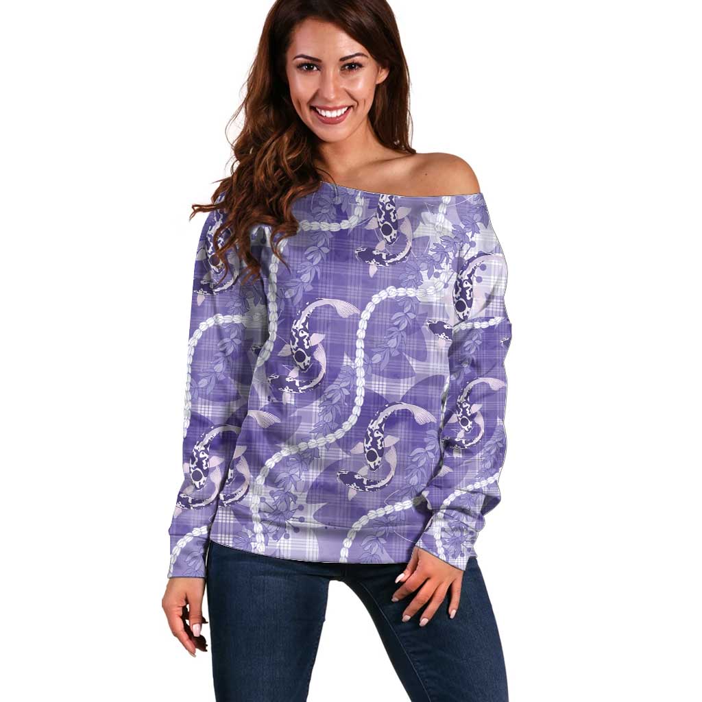 Japanese Koi Fish Off Shoulder Sweater Purple Wagara Palaka Honohono Pikake Lei LT9 Women Purple - Polynesian Pride