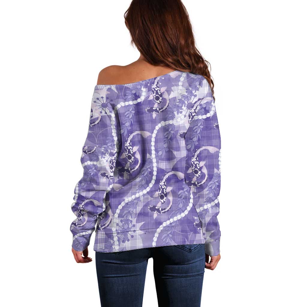 Japanese Koi Fish Off Shoulder Sweater Purple Wagara Palaka Honohono Pikake Lei LT9 - Polynesian Pride