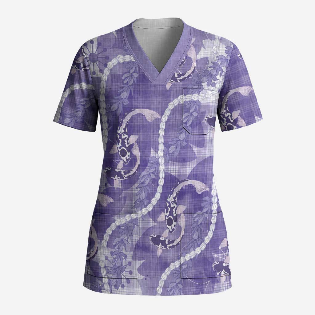 Japanese Koi Fish Scrub Top Purple Wagara Palaka Honohono Pikake Lei LT9 Adult Purple - Polynesian Pride