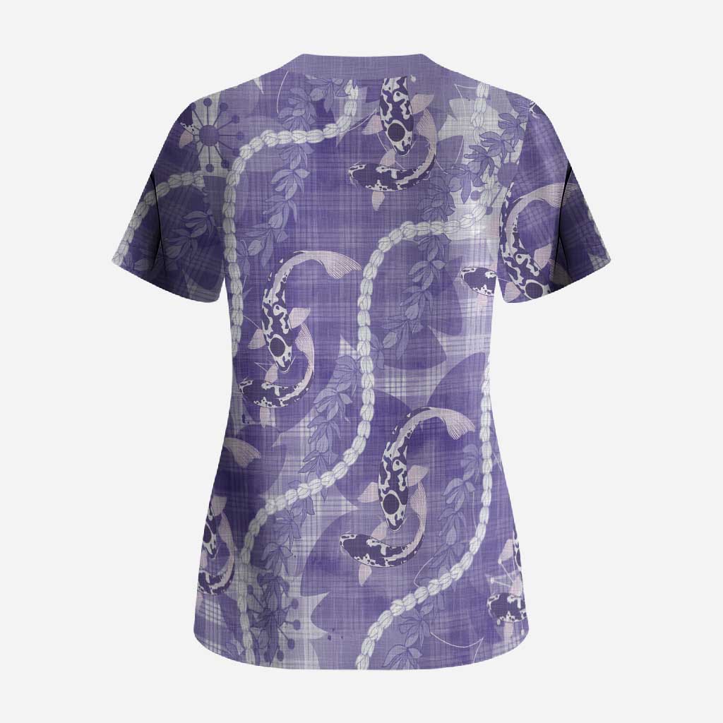 Japanese Koi Fish Scrub Top Purple Wagara Palaka Honohono Pikake Lei LT9 - Polynesian Pride