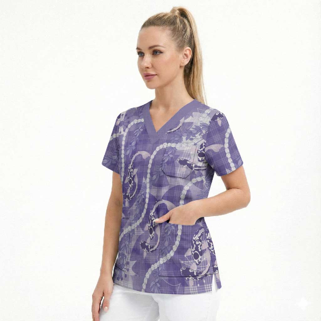 Japanese Koi Fish Scrub Top Purple Wagara Palaka Honohono Pikake Lei LT9 - Polynesian Pride