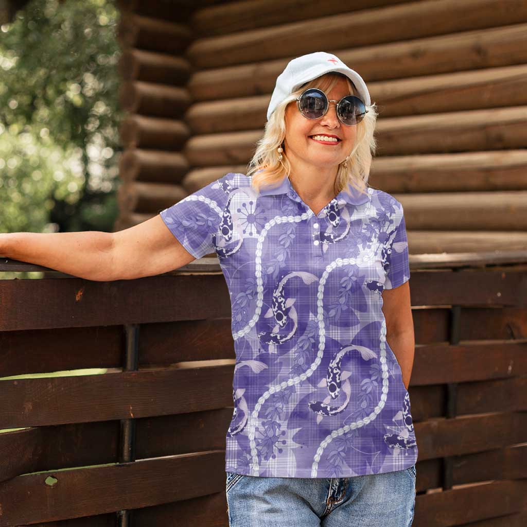 Japanese Koi Fish Women Polo Shirt Purple Wagara Palaka Honohono Pikake Lei