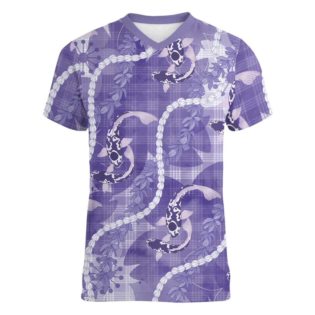 Japanese Koi Fish Women V-Neck T-Shirt Purple Wagara Palaka Honohono Pikake Lei