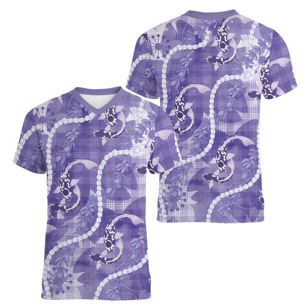 Japanese Koi Fish Women V-Neck T-Shirt Purple Wagara Palaka Honohono Pikake Lei
