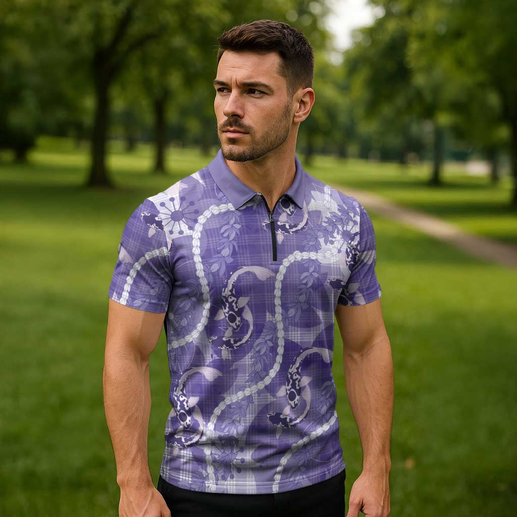 Japanese Koi Fish Zipper Polo Shirt Purple Wagara Palaka Honohono Pikake Lei