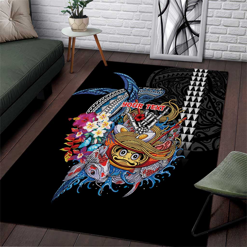 Personalized Japanese Koi Fish Ramen Area Rug Aloha Shark Kakau Pattern LT9 Black - Polynesian Pride