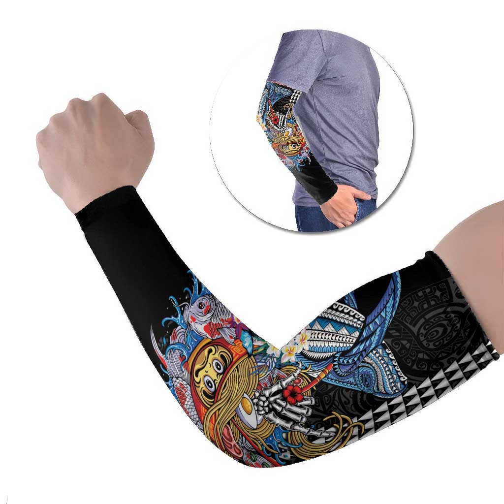 Personalized Japanese Koi Fish Ramen Arm Sleeves Aloha Shark Kakau Pattern LT9 Set of 2 Black - Polynesian Pride