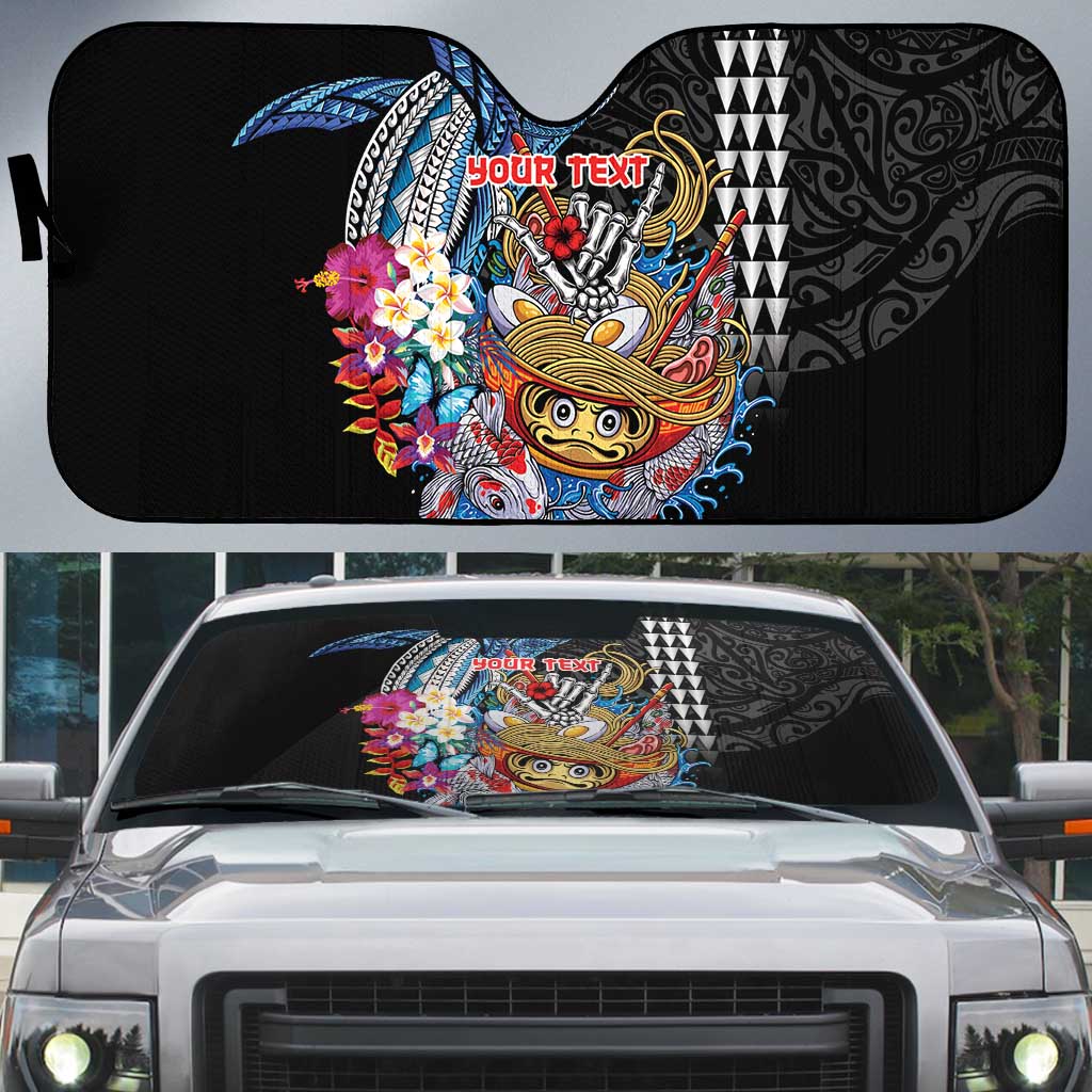 Personalized Japanese Koi Fish Ramen Auto Sun Shade Aloha Shark Kakau Pattern LT9 Black - Polynesian Pride
