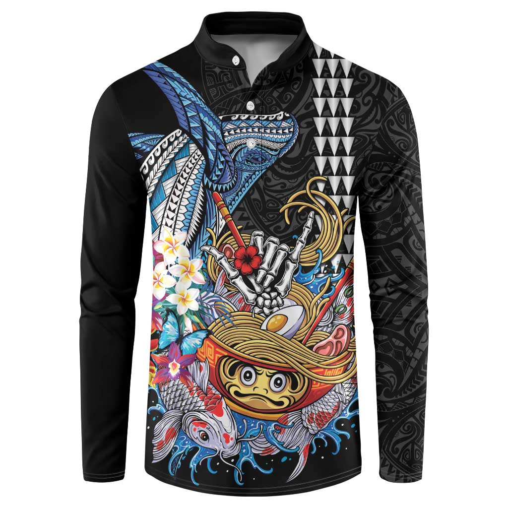 Personalized Japanese Koi Fish Ramen Button Sweatshirt Aloha Shark Kakau Pattern LT9 Black - Polynesian Pride