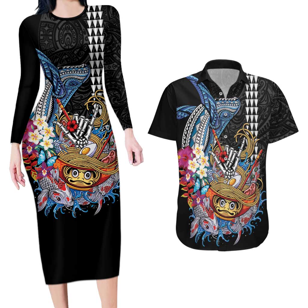 Personalized Japanese Koi Fish Ramen Couples Matching Long Sleeve Bodycon Dress and Hawaiian Shirt Aloha Shark Kakau Pattern LT9 Black - Polynesian Pride