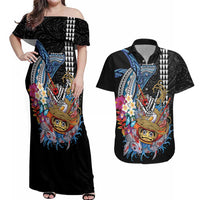 Personalized Japanese Koi Fish Ramen Couples Matching Off Shoulder Maxi Dress and Hawaiian Shirt Aloha Shark Kakau Pattern LT9 Black - Polynesian Pride