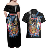 Personalized Japanese Koi Fish Ramen Couples Matching Off Shoulder Maxi Dress and Hawaiian Shirt Aloha Shark Kakau Pattern LT9 - Polynesian Pride