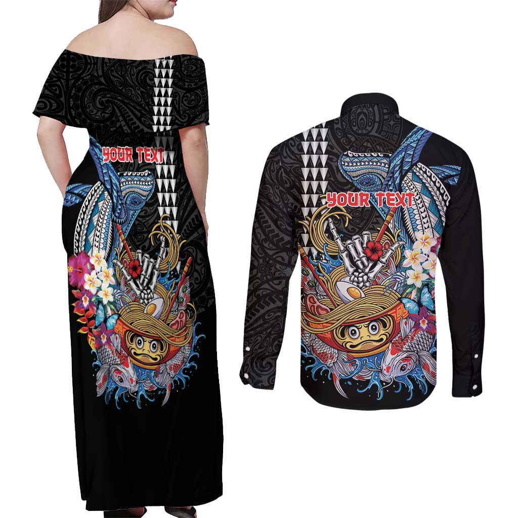 Personalized Japanese Koi Fish Ramen Couples Matching Off Shoulder Maxi Dress and Long Sleeve Button Shirt Aloha Shark Kakau Pattern LT9 - Polynesian Pride