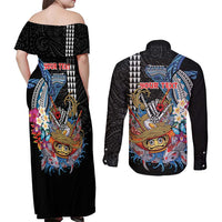 Personalized Japanese Koi Fish Ramen Couples Matching Off Shoulder Maxi Dress and Long Sleeve Button Shirt Aloha Shark Kakau Pattern LT9 - Polynesian Pride