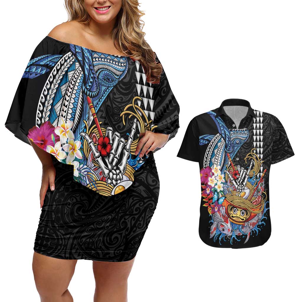 Personalized Japanese Koi Fish Ramen Couples Matching Off Shoulder Short Dress and Hawaiian Shirt Aloha Shark Kakau Pattern LT9 Black - Polynesian Pride
