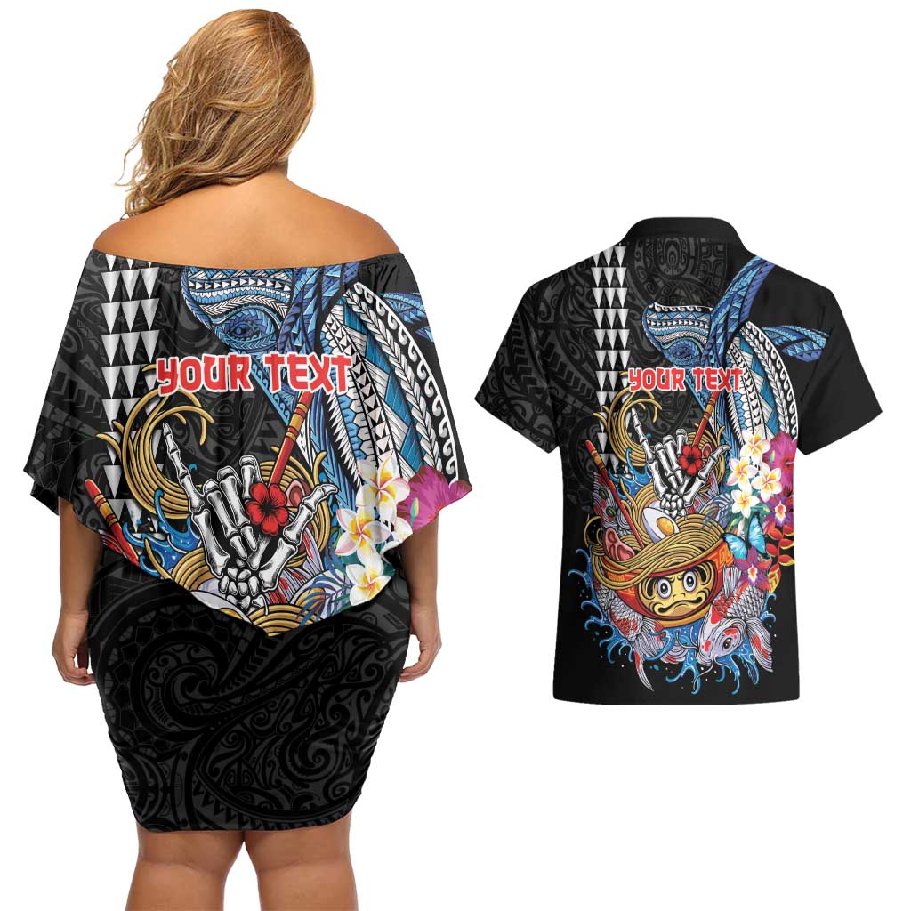 Personalized Japanese Koi Fish Ramen Couples Matching Off Shoulder Short Dress and Hawaiian Shirt Aloha Shark Kakau Pattern LT9 - Polynesian Pride