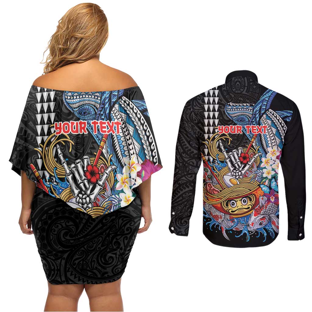 Personalized Japanese Koi Fish Ramen Couples Matching Off Shoulder Short Dress and Long Sleeve Button Shirt Aloha Shark Kakau Pattern LT9 - Polynesian Pride
