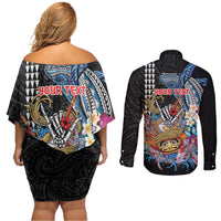 Personalized Japanese Koi Fish Ramen Couples Matching Off Shoulder Short Dress and Long Sleeve Button Shirt Aloha Shark Kakau Pattern LT9 - Polynesian Pride