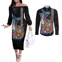 Personalized Japanese Koi Fish Ramen Couples Matching Off The Shoulder Long Sleeve Dress and Long Sleeve Button Shirt Aloha Shark Kakau Pattern LT9 Black - Polynesian Pride