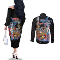 Personalized Japanese Koi Fish Ramen Couples Matching Off The Shoulder Long Sleeve Dress and Long Sleeve Button Shirt Aloha Shark Kakau Pattern LT9 - Polynesian Pride