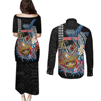 Personalized Japanese Koi Fish Ramen Couples Matching Puletasi and Long Sleeve Button Shirt Aloha Shark Kakau Pattern