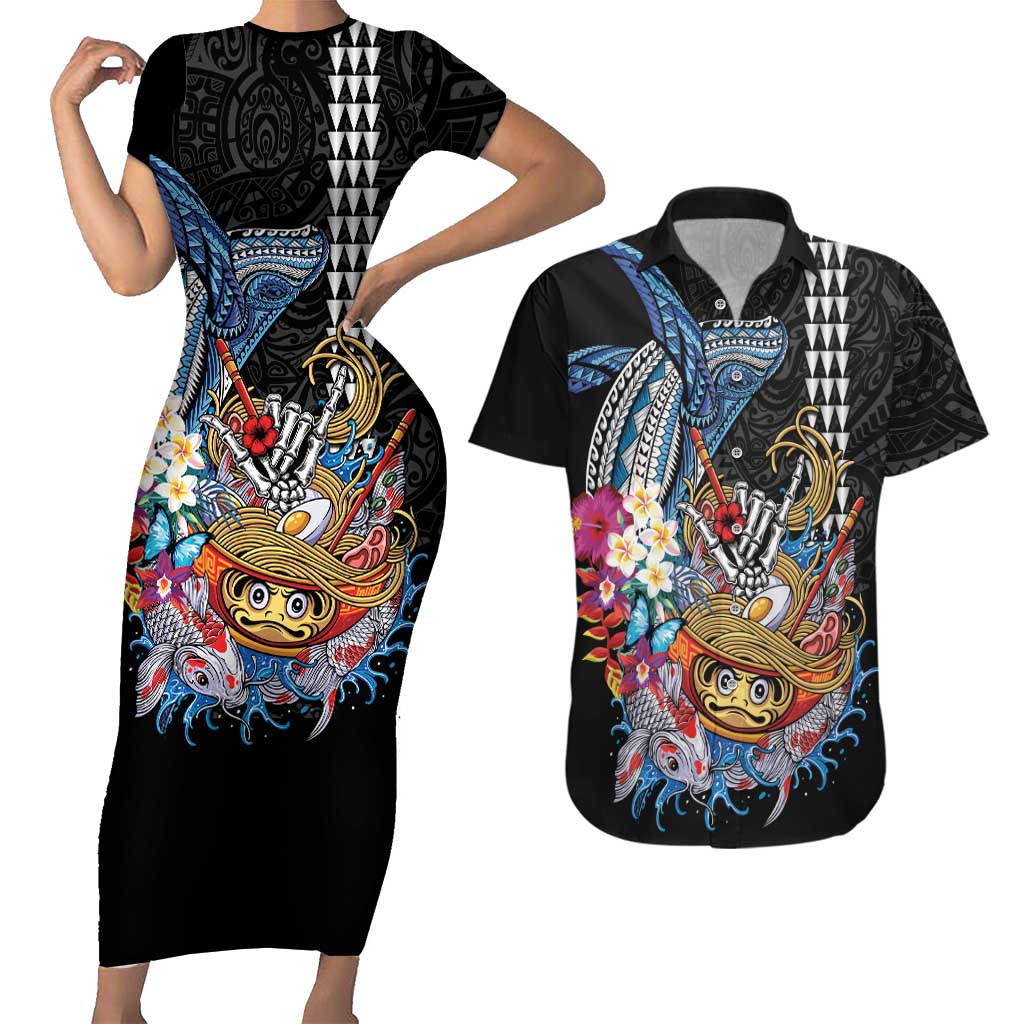 Personalized Japanese Koi Fish Ramen Couples Matching Short Sleeve Bodycon Dress and Hawaiian Shirt Aloha Shark Kakau Pattern LT9 Black - Polynesian Pride